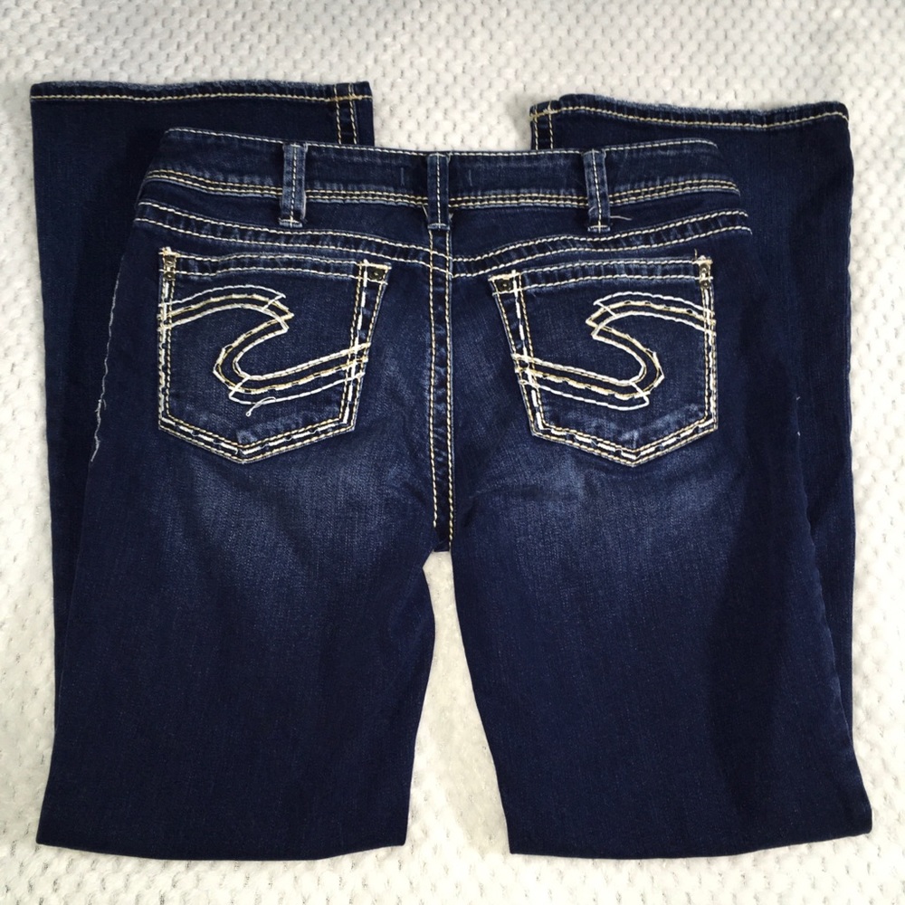 Silver Jeans, Suki Bootcut, Dark Blue, Factory Fade, Distressed, W33, EUC.